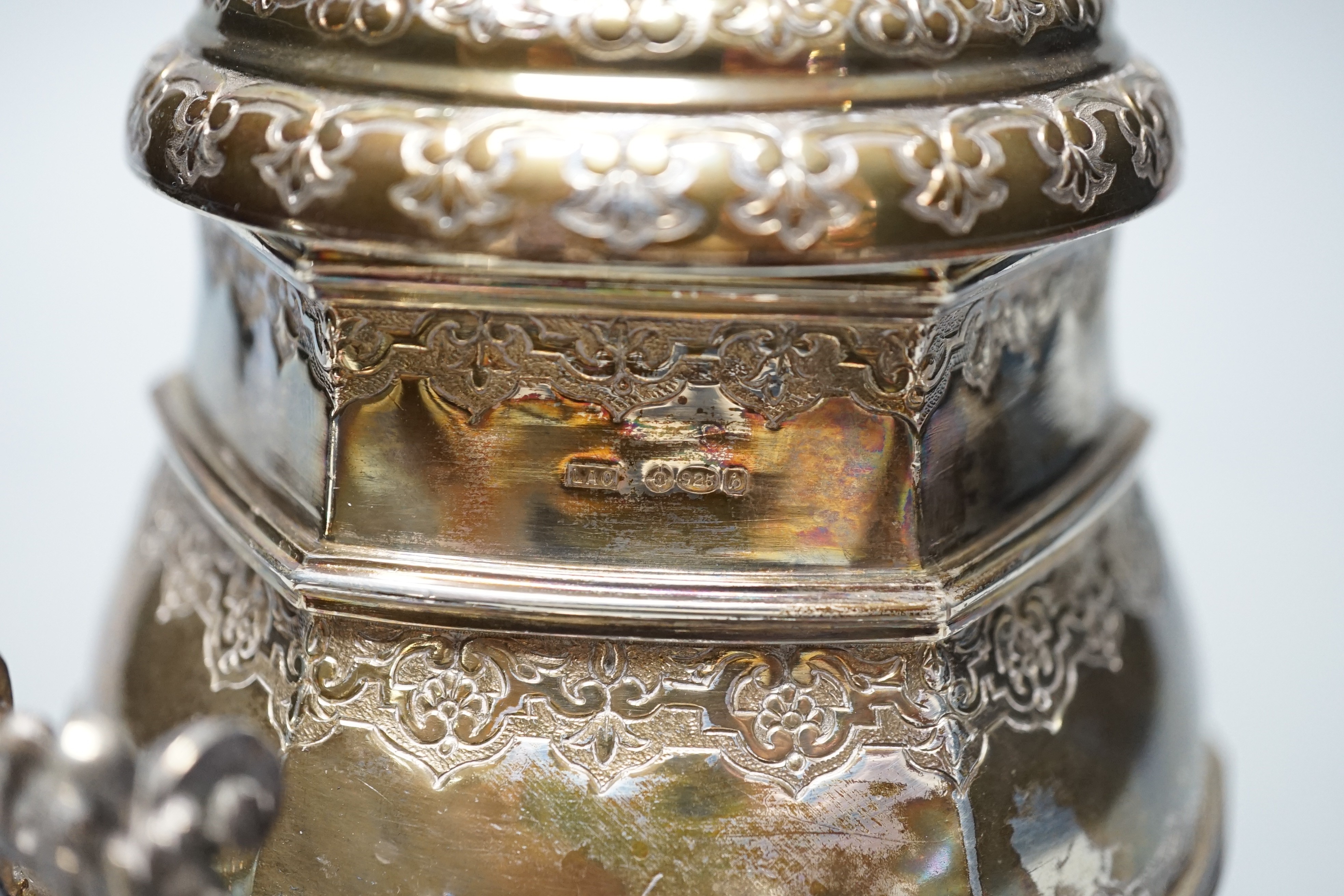 A French silver two handled hexagonal sugar bowl and cover, with London import marks for 1957, height 14.2cm, 12oz.